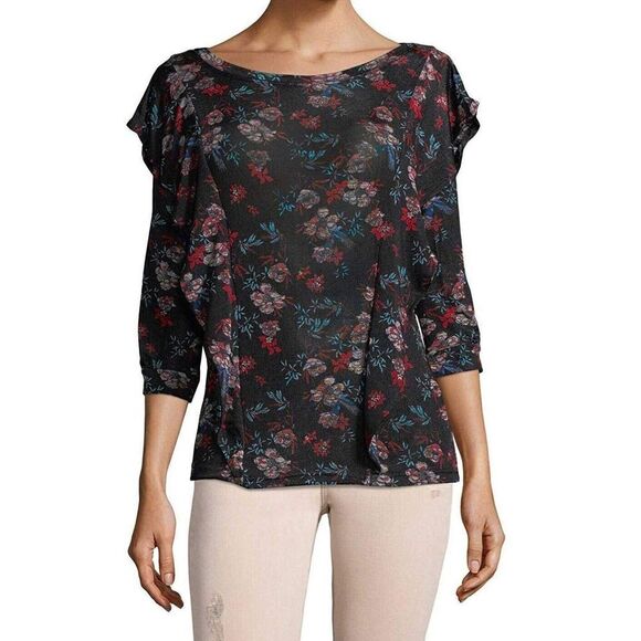 Free People Women's Sz M Black Combo Floral Print Dock Street Knit Blouse $68 - Picture 3 of 3